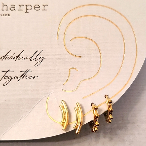 NEW Gold-Plated Earrings 2 Pairs! Studded Huggie Hoops & Curved Double Bar Studs - Picture 10 of 12